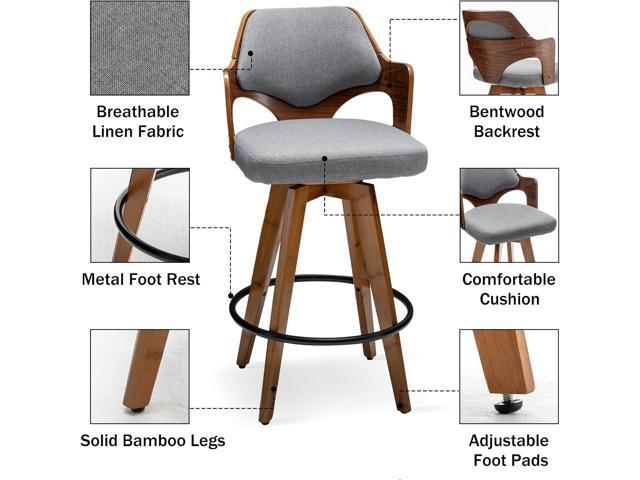 Swivel Bar Stools Set of 2,Counter Height Bar Stools,Upholstered Bar Chair with Bamboo Legs,Low Back Counter Stools for Kitchen Island (Gray-Fabric)