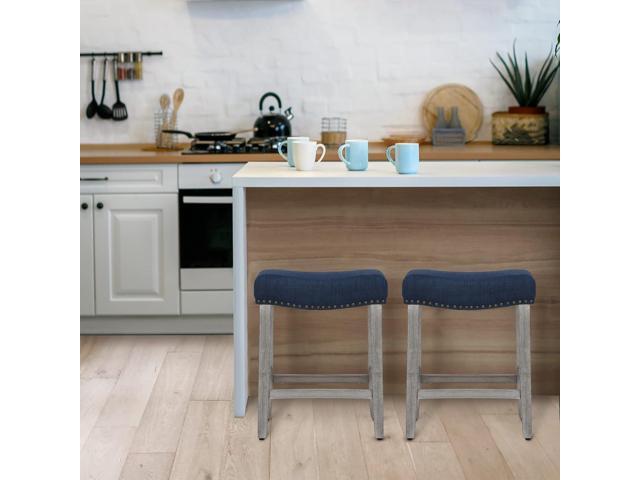 WO Home Furniture Counter Height Bar Stool Set of 2 PCS 24' Backless Saddle Seat Barstool w Antique Gray Legs (Navy Blue)