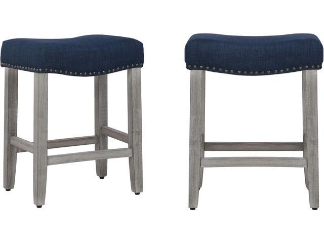 WO Home Furniture Counter Height Bar Stool Set of 2 PCS 24' Backless Saddle Seat Barstool w Antique Gray Legs (Navy Blue)
