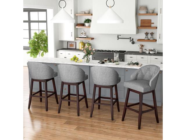 COSTWAY Bar Stools Set of 4, 31 Swivel Bar Stools with Rubber Wood Legs & Padded Back, Breathable Linen Fabric, Stylish Tufted Design & Rivet...