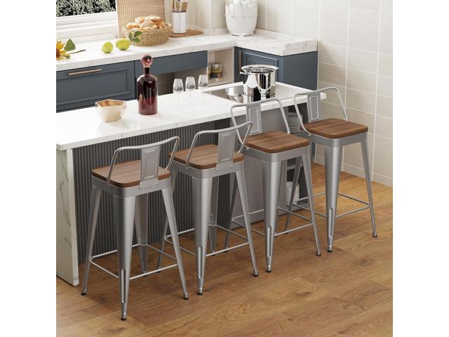 WENTMENT Bar Stools Set of 4 Counter Height Stools with Removable Back 30' Kitchen Bar Stools with Wooden Seat, Silver