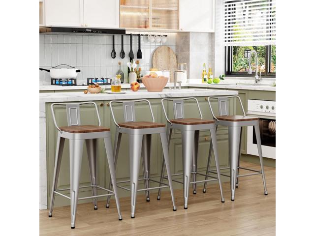 WENTMENT Bar Stools Set of 4 Counter Height Stools with Removable Back 30' Kitchen Bar Stools with Wooden Seat, Silver