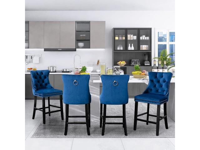 SoarFlash Modern Velvet Upholstered Bar Stools Set of 4 with Wood Legs, Button Tufted,Chrome Nailhead, Counterstool Seat, Armless Bar Chairs (Blue)