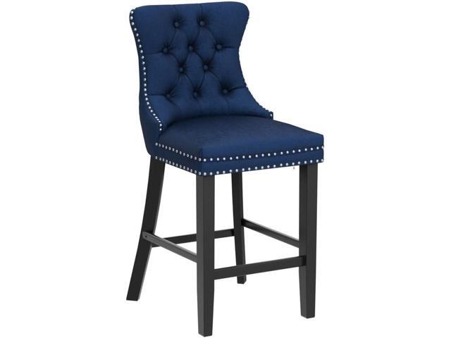 SoarFlash Modern Velvet Upholstered Bar Stools Set of 4 with Wood Legs, Button Tufted,Chrome Nailhead, Counterstool Seat, Armless Bar Chairs (Blue)