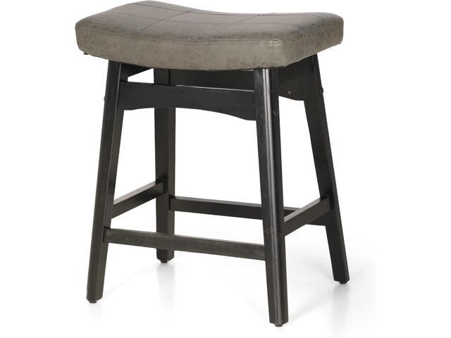 Grey Solid Wood Bar Stool for Kitchen Counter Height Barstool with Faux Leather Saddle Seat Farmhouse Upholstered Stool for 34'-38' Counter Island,...