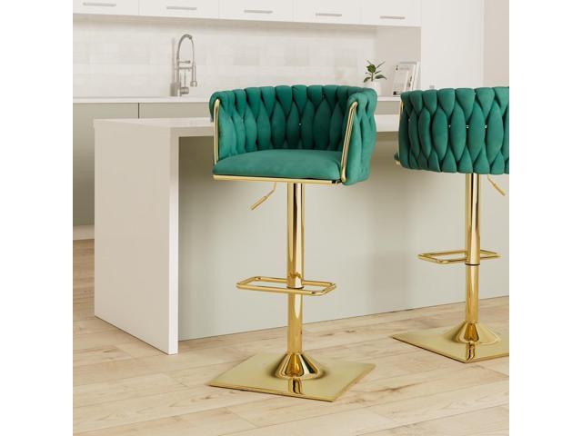 Modern Velvet Swivel Bar Stools Set of 2, Hand Woven Backrest, Comfy Adjustable Counter Height Barstools with Gold Square Base for Counter, Kitchen...