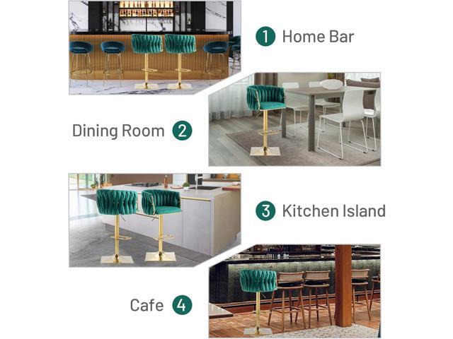 Modern Velvet Swivel Bar Stools Set of 2, Hand Woven Backrest, Comfy Adjustable Counter Height Barstools with Gold Square Base for Counter, Kitchen...