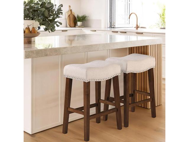 26' Counter Height Bar Stools - Modern Backless Kitchen Island Saddle Barstools Chairs with Footrest, Solid Wood Legs & Nailhead Trim Linen Fabric...
