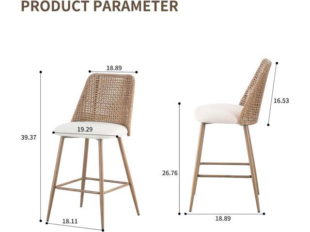 Rattan Counter Height Bar Stools Set of 2, Upholstered Boucle Barstools with PE Rattan Back, 26 inch Stools Armless Bar Chairs for Kitchen...