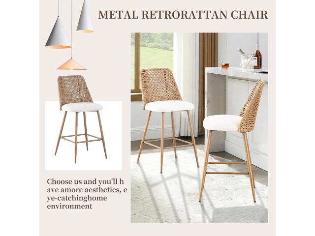 Rattan Counter Height Bar Stools Set of 2, Upholstered Boucle Barstools with PE Rattan Back, 26 inch Stools Armless Bar Chairs for Kitchen...