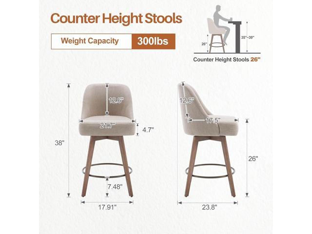 Counter Height Bar Stools Set of 3, Modern Mid-Century Swivel Barstools with Backs and Wood Legs, Linen Fabric Upholstered Bar Chairs, 26' Seat...