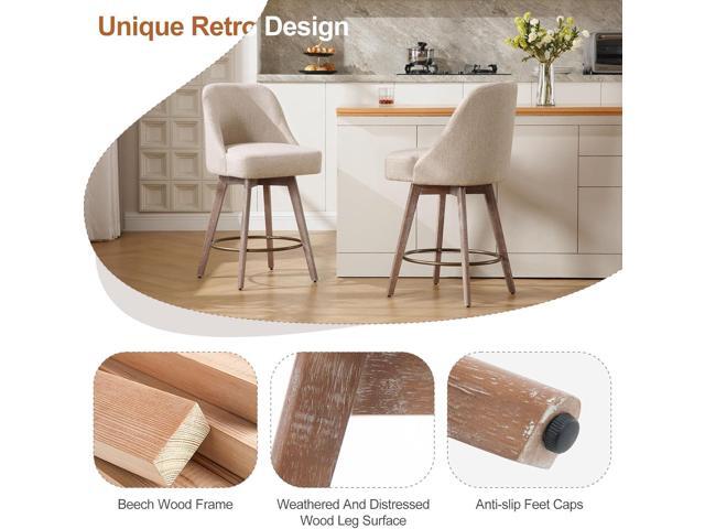 Counter Height Bar Stools Set of 3, Modern Mid-Century Swivel Barstools with Backs and Wood Legs, Linen Fabric Upholstered Bar Chairs, 26' Seat...