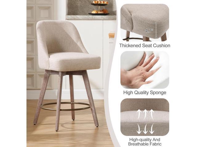 Counter Height Bar Stools Set of 3, Modern Mid-Century Swivel Barstools with Backs and Wood Legs, Linen Fabric Upholstered Bar Chairs, 26' Seat...