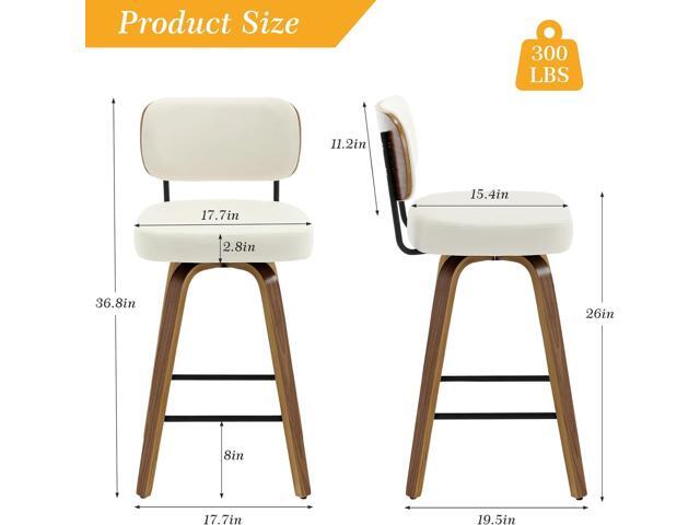 Swivel Counter Height Bar Stools Set of 4, 26' Upholstered Faux Leather Barstools with Back and Bent Wood Legs, Mid Century Modern Bar Chair Island...