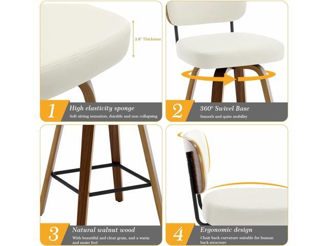 Swivel Counter Height Bar Stools Set of 4, 26' Upholstered Faux Leather Barstools with Back and Bent Wood Legs, Mid Century Modern Bar Chair Island...
