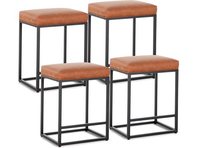 Brown Counter Height Bar Stools Set of 4 for Kitchen Counter 24 Inch Backless Modern Barstools Industrial Upholstered Faux Leather Stools Farmhouse...