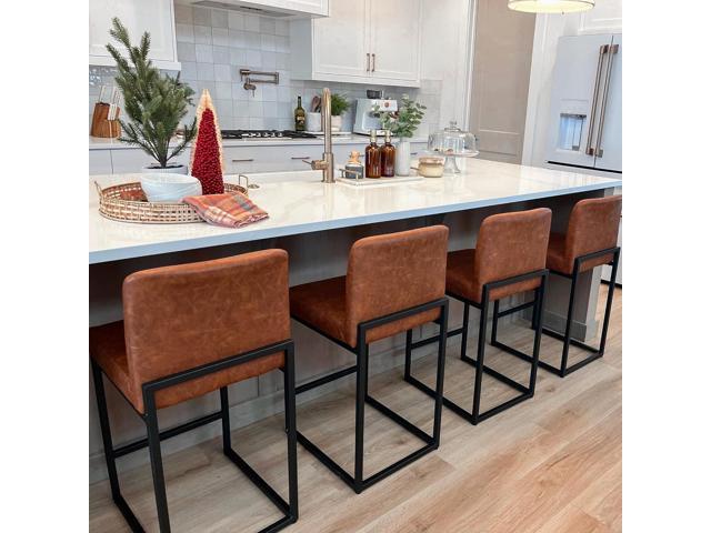 ALPHA HOME 24 Bar Stools Set of 4 Counter Height Bar Stool Pu Leather Kitchen Modern Bar Stools with Backrest Upholstered Footrest Sturdy Chromed...