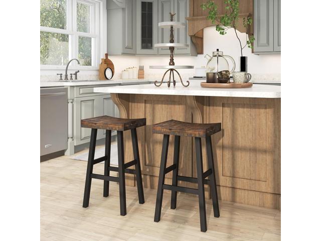 COSTWAY Wooden Saddle Stools Set of 2, 29-inch Bar Height Stools with Curved Seat Surface, Rubber Wood, Acacia Wood, Footrests, Kitchen Island...