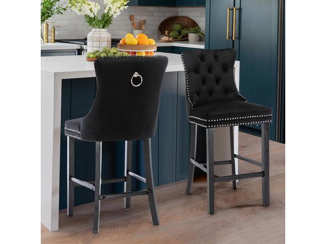 Velvet Upholstered Bar Stools Set of 4 with Back and Wood Legs, Metal Pulling Ring, Armless Counter Height Barstools for Kitchen Island, Pub(Black)