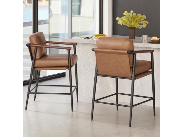 Watson & Whitely Mid Century Modern Barstools Set of 2, 26' H Upholstered Counter Height Bar Stools with Wood Armrests and Metal Legs, Faux Leather...