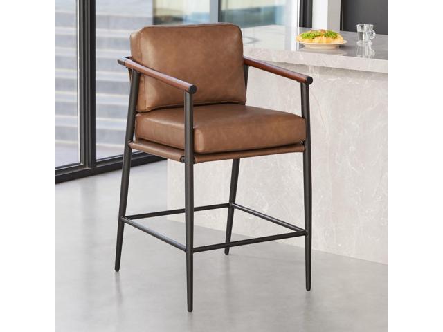 Watson & Whitely Mid Century Modern Barstools Set of 2, 26' H Upholstered Counter Height Bar Stools with Wood Armrests and Metal Legs, Faux Leather...