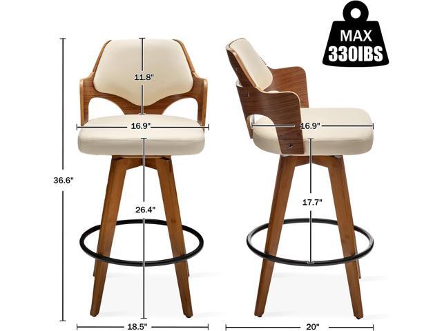Swivel Bar Stools Set of 2,Counter Height Bar Stools,Upholstered Bar Chair with Bamboo Legs,Low Back Counter Stools for Kitchen Island (Beige-Pu)