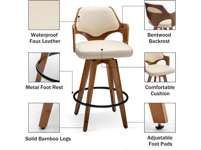 Swivel Bar Stools Set of 2,Counter Height Bar Stools,Upholstered Bar Chair with Bamboo Legs,Low Back Counter Stools for Kitchen Island (Beige-Pu)