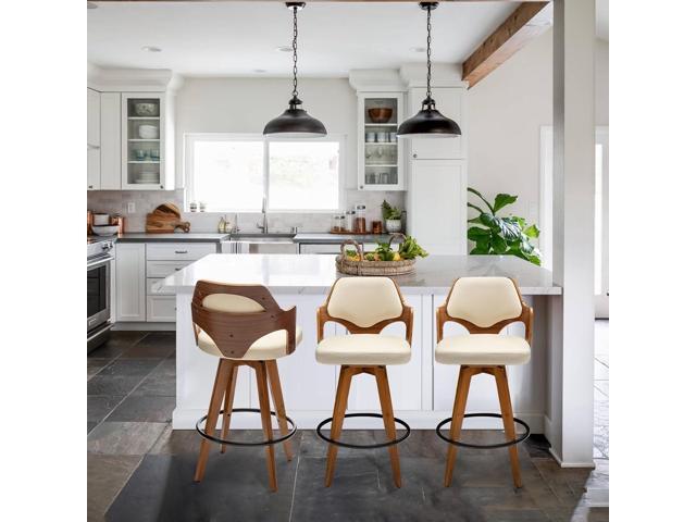 Swivel Bar Stools Set of 2,Counter Height Bar Stools,Upholstered Bar Chair with Bamboo Legs,Low Back Counter Stools for Kitchen Island (Beige-Pu)