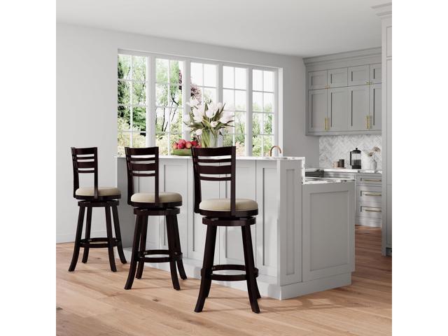 DTY Indoor Living Granby Slat Back Fabric Swivel Stool, 30 Bar Height, Espresso Finish, Beige Fabric Seat