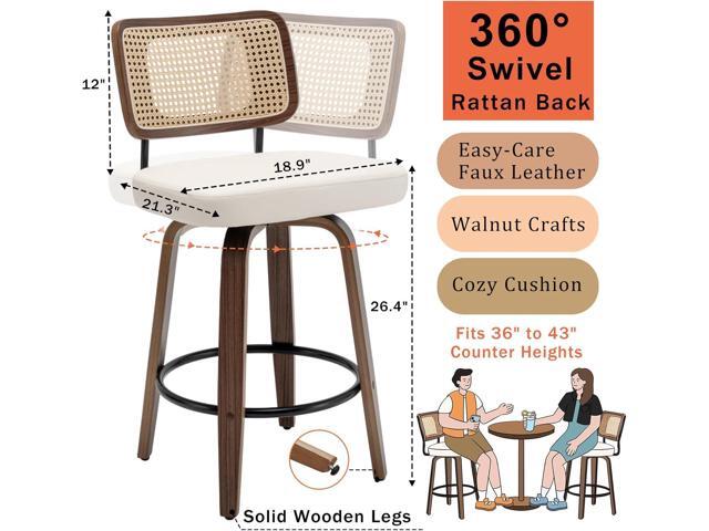 Set of 3 Rattan Bar tools - 26.4 inch Mid Century Swivel Bar Stools with Cane Backs, Upholstered Faux Leather, Walnut Craftsmanship, Cane Back Bar...