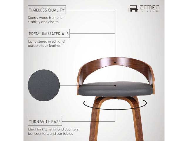 Armen Living Sonia 26' Counter Height Swivel Gray Faux Leather and Walnut Wood Bar Stool