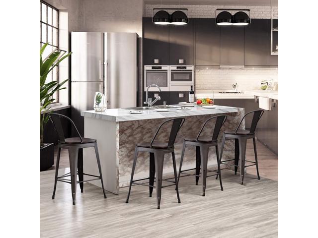 Yongchuang 26' Metal Bar Stools Set of 4 High Back Counter Height Chairs Kitchen Dining Stools Bar Chair with Wood Top Gunmetal