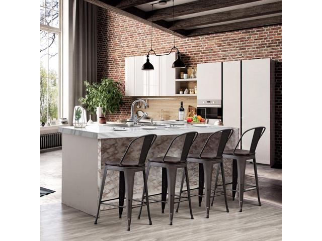 Yongchuang 26' Metal Bar Stools Set of 4 High Back Counter Height Chairs Kitchen Dining Stools Bar Chair with Wood Top Gunmetal