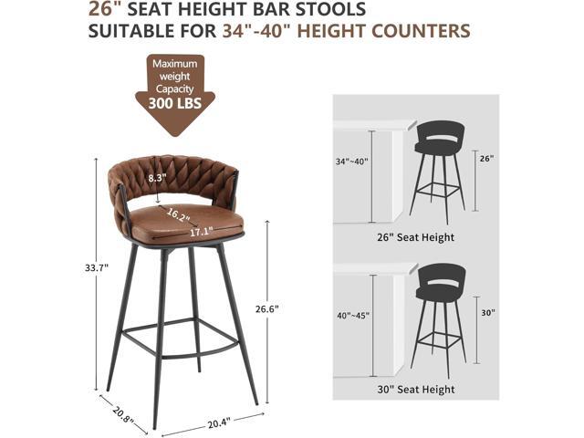 BV Counter Height Bar Stools Set of 2, 26 inch Seat Height Bar Stools, 180° Swivel Barstools with Woven Back and Footrest, Suede Fabric Counter...