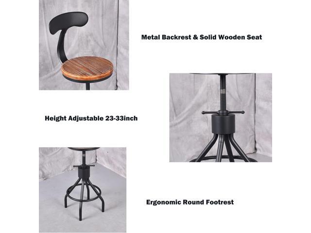 Set of 2 Industrial Bar Stools with Backrest 23-33inch Swivel Wooden Seat Kitchen Island Dining Chair Counter Stool Height Adjustable