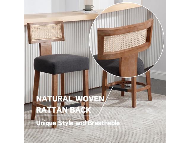26 Rattan Barstool with Back Counter Height Bar Stool Set of 4, Charcoal Linen Modern Kitchen Counter Stool Upholstered Farmhouse Wicker Bar Stool,...
