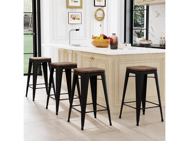 24 inch Bar Stools Set of 4 Counter Height Stools Stackable Bar Stool Backless Metal Barstools Matte Black Counter Stools Indoor for Kitchen &...