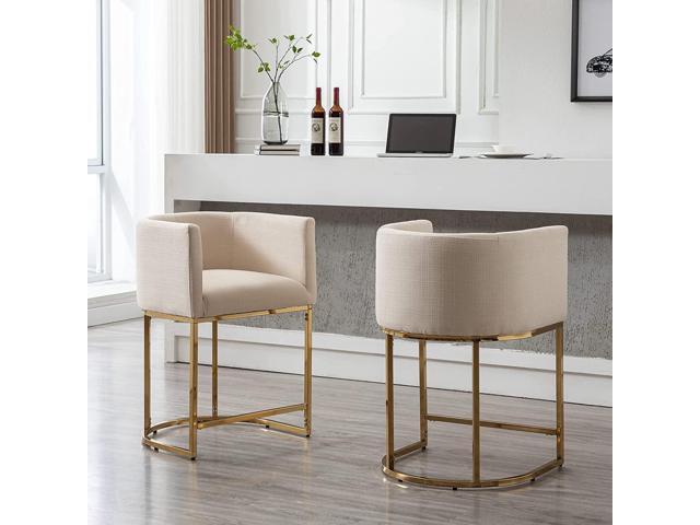 Contemporary Cream Linen Bar Stools Set of 3, 24' Upholstered Fabric Counter Height Barstools Kitchen Counter Island Stools with Screwed Together...