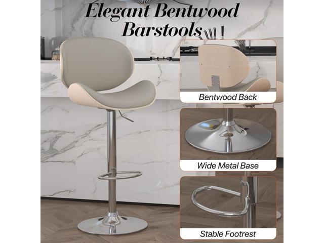 Adjustable Swivel Bar Stools Set of 4, Modern Bentwood Barstool with Large Metal Base and Footrest, PU Leather Upholstered Bar Chair with Curved...
