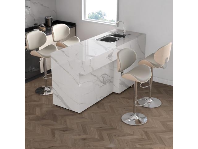 Adjustable Swivel Bar Stools Set of 4, Modern Bentwood Barstool with Large Metal Base and Footrest, PU Leather Upholstered Bar Chair with Curved...
