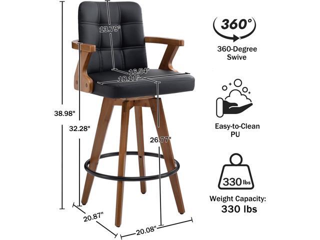 Black Bar Stools Set of 2, Kitchen Counter Stools 26 H,Modern Leather Counter Height Bar Chairs with Back,Kitchen Island Chairs,Swivel Stools for...