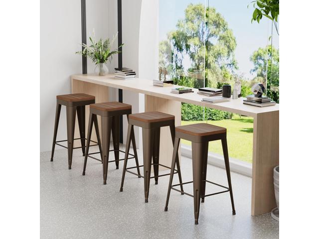 Bar Stools Set of 4 Metal Bar Stool Counter Height Bar Stools Black, Modern 24' Bar Chairs Without Back,Wooden Seat Counter Height,Rusty