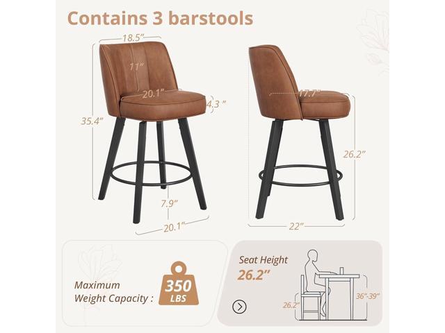 LUE BONA 360-degree Swivel Bar Stools Set of 3, 26' Counter Height Bar Stools with High Back and Wood Legs, Morden Faux Leather Upholstered...