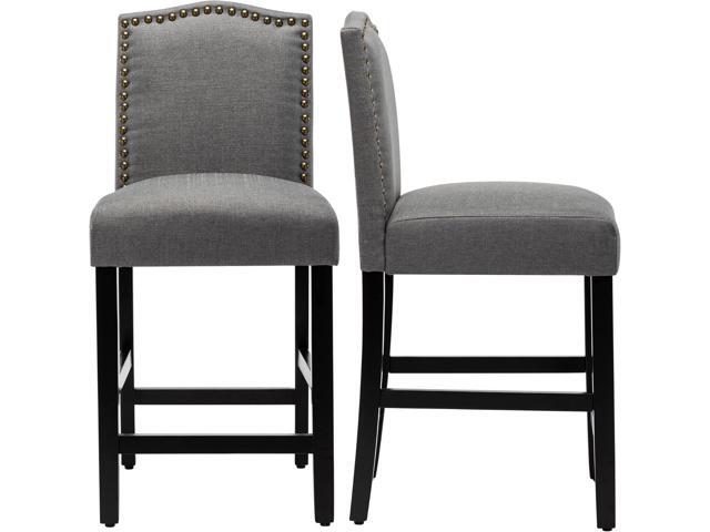 GOTMINSI Bar Stools 24 Inches Upholstered Barstool Grey Counter Height Barstool with Antique Gold Nail Heads Solid Wood Set of 2 Bar Chairs