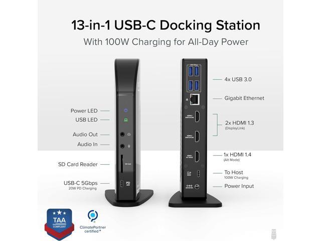Plugable 13-in-1 USB-C Triple Monitor Docking Station, 100W Laptop Charging, DisplayLink Docking Station for Mac (Driver Req), Windows, Chrome (3...