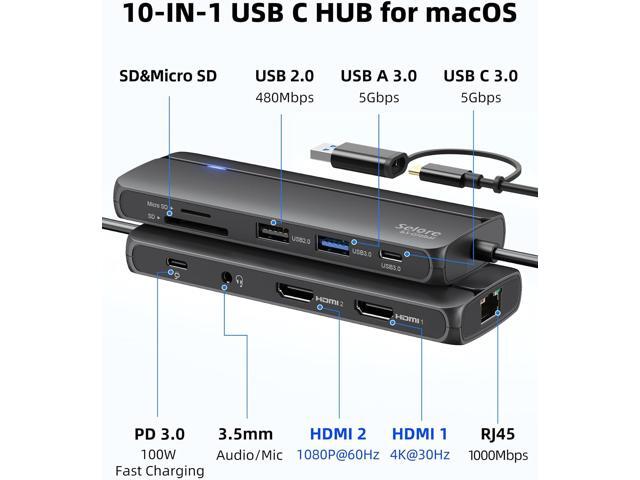 USB 3.0 Docking Station,10 in 1 USB Docking Station Dual Monitor with 2 HDMI,Ethernet,PD 100W,SD/TF,Audio/Mic,USB A Docking Station for Laptop,USB...