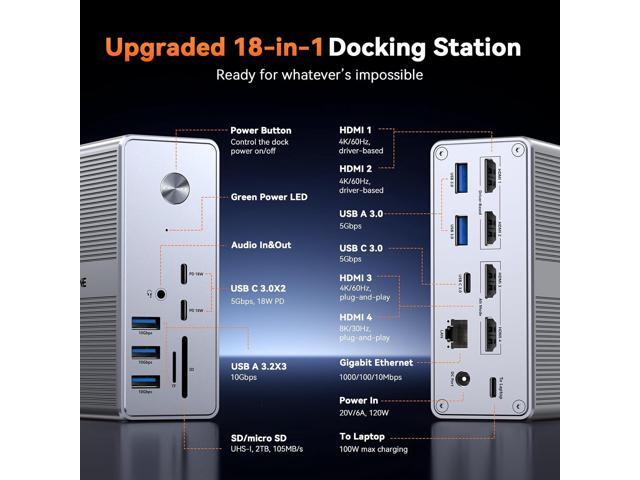 TobenONE DisplayLink Docking Station 4 Monitor with 4 HDMI, 18-in-1 Quad/Triple 4K@60Hz Display Dock with 120W Power Supply for Thunderbolt 5/4/3,...