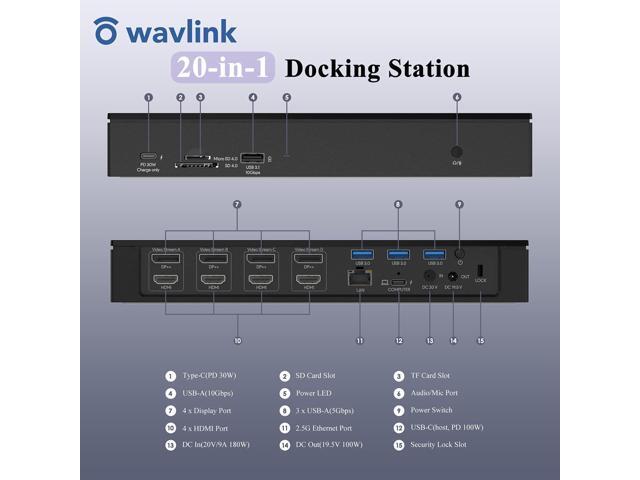 WAVLINK DisplayLink Laptop Docking Station - Quad Monitor 5K/4K@60Hz, 100W Charging - Thunderbolt 4/3, USB-C/A - M1 M2 Mac/Windows/Chrome/Ubuntu -...