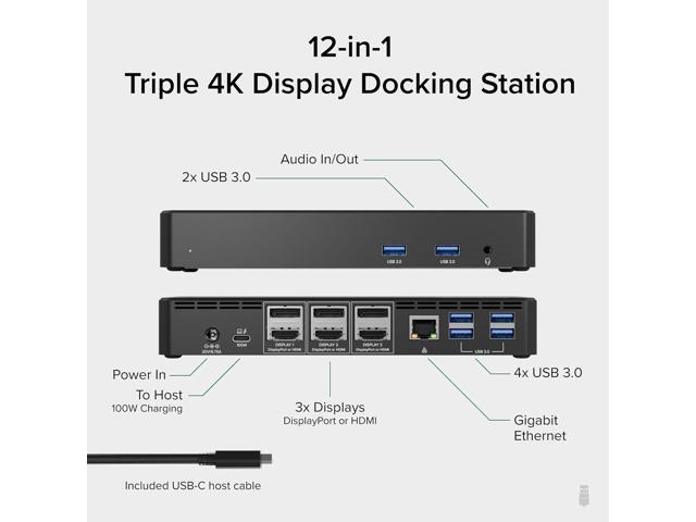 Plugable 12-in-1 USB C Triple Monitor Docking Station, Triple 4K Displays with 3X HDMI or 3X DisplayPort, Compatible with Mac, Windows,...