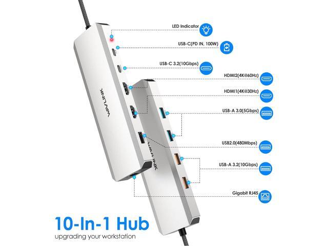 Laptop Docking Station, WAVLINK 10G USB C Hub with Dual HDMI, 100W PD in, 10Gbps USB-A/C 3.2, 5Gbps USB-A, USB2.0, Gigabit Ethernet for...